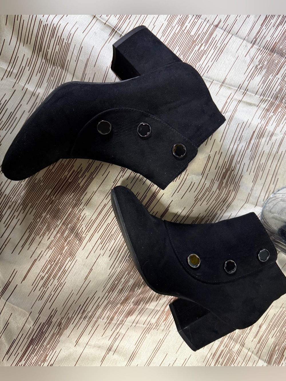 Lauren Blackwell Black Suede Ankle Booties with Decorative Button Detail